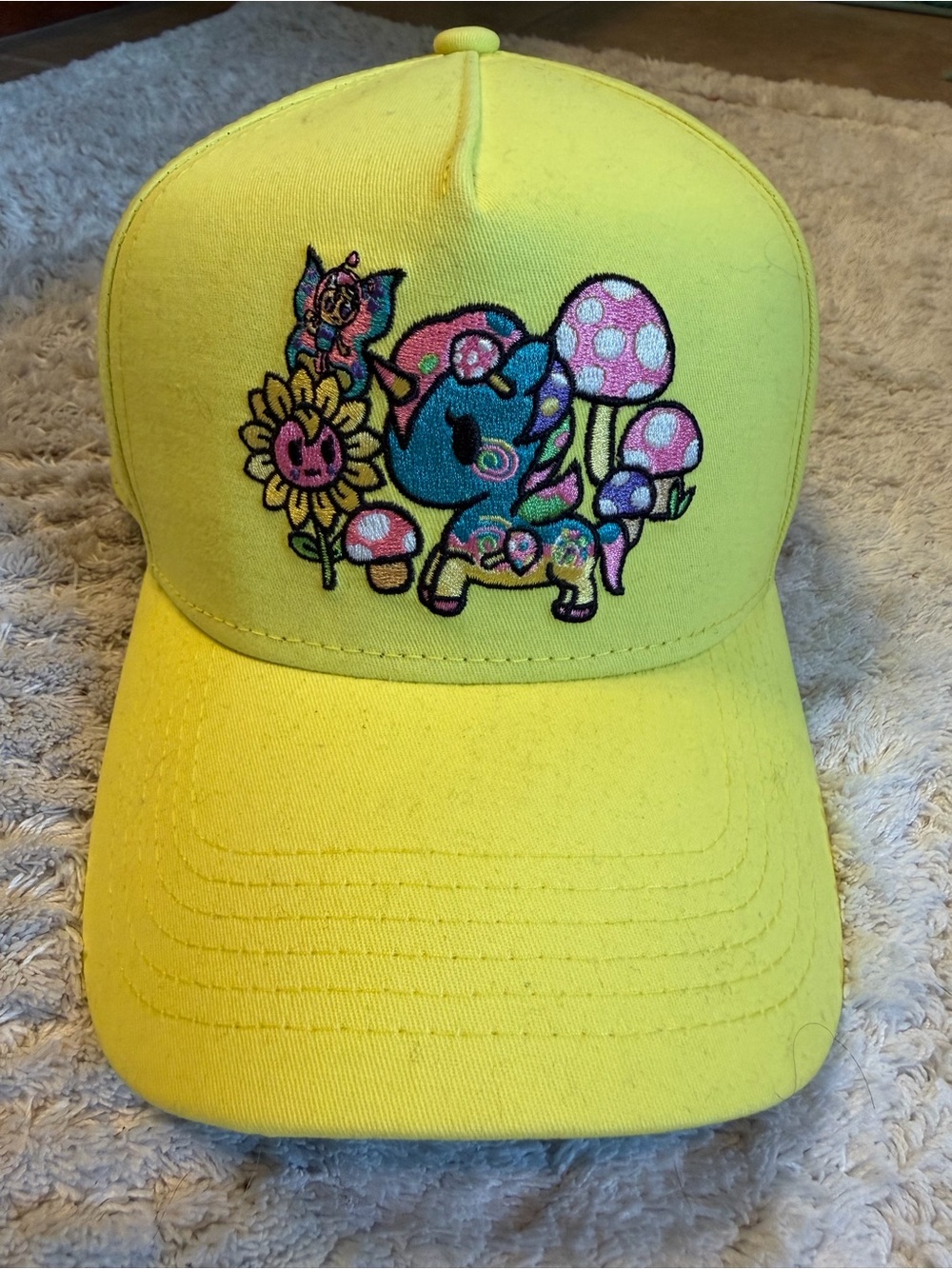 Yellow cap with Colorful Mushroom unicorno Embroidery